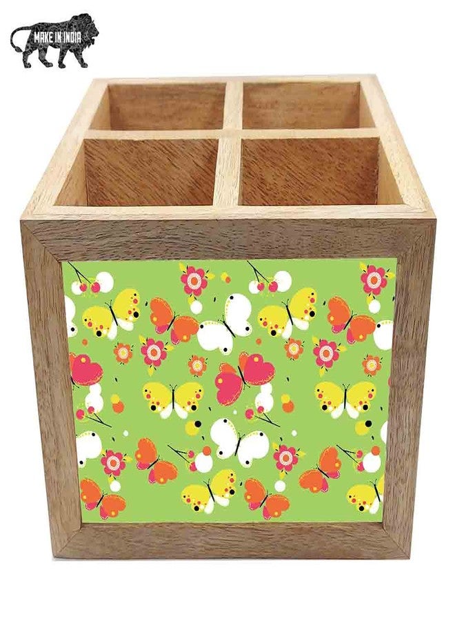 Nutcase Wooden Cutlery Stand Holder Silverware Caddy Spoons Forks Knives Organizer for Dining Table & Kitchen -Made in India-Spoons NOT Included - Green Butterfly - Image 5