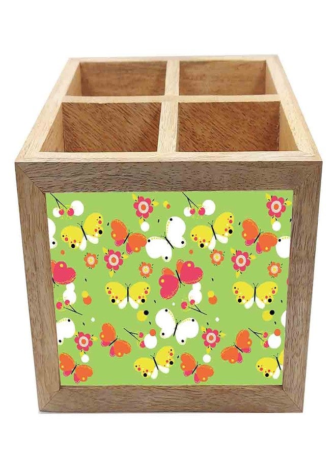 Nutcase Wooden Cutlery Stand Holder Silverware Caddy Spoons Forks Knives Organizer for Dining Table & Kitchen -Made in India-Spoons NOT Included - Green Butterfly - Image 3