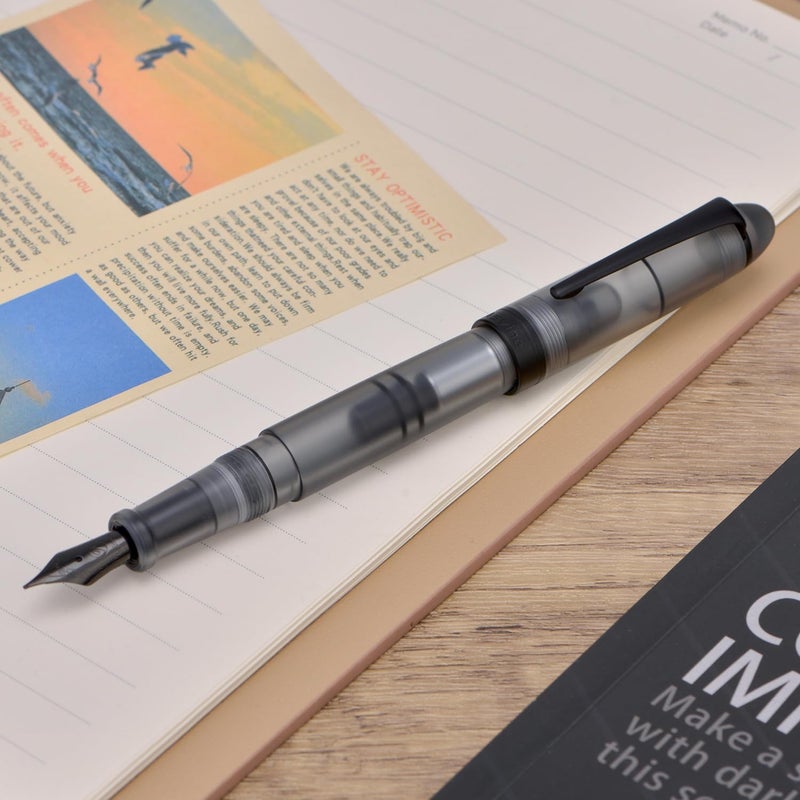 Asvine P50 Piston Fountain Pen Frosted Black Resin, Medium Nib Black Trim Smooth Writer Collection with Pen Case Gift Set - Image 5