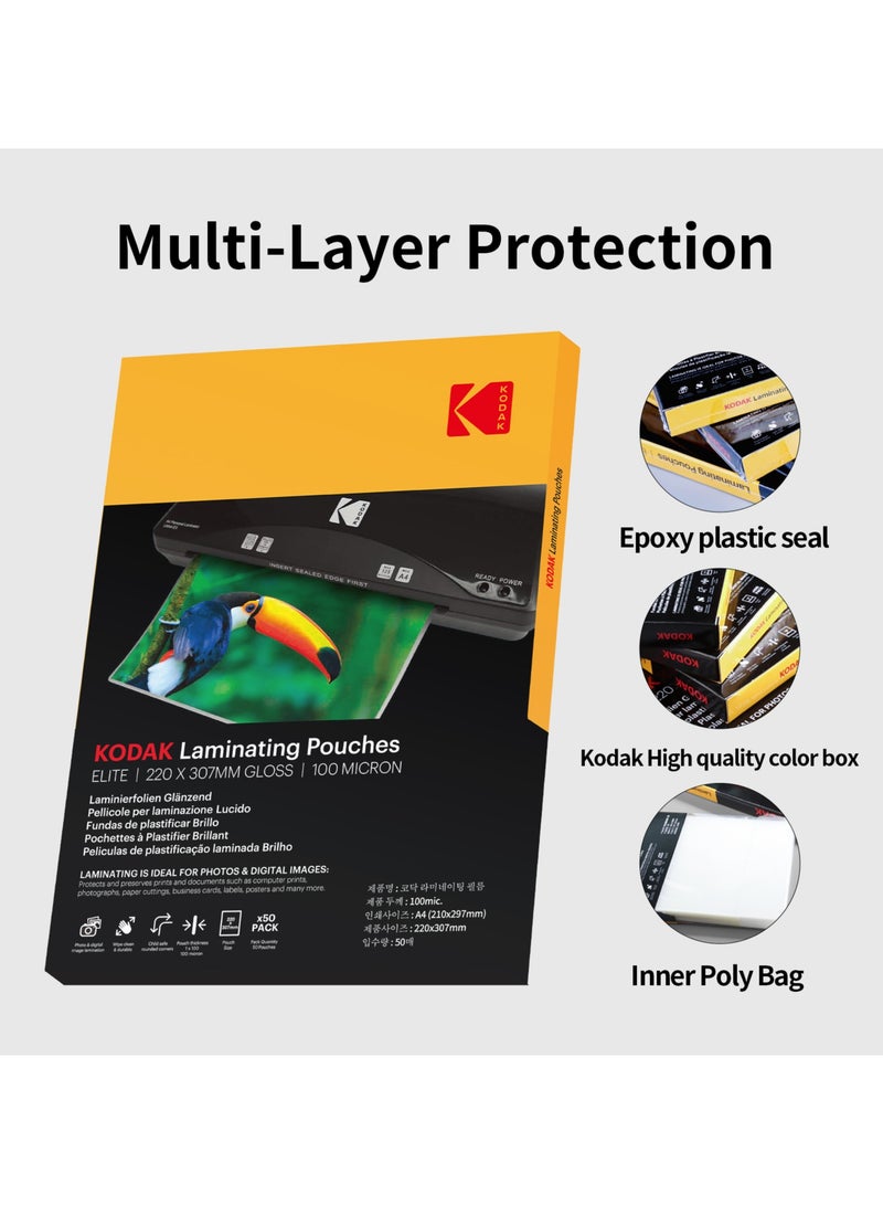 Kodak Kodak Laminating Pouches A4 Size 50 Pack 220 × 307 mm Gloss 100 Micron Laminating Sheets, Holds 214 mm × 301mm Sheets  - Image 1