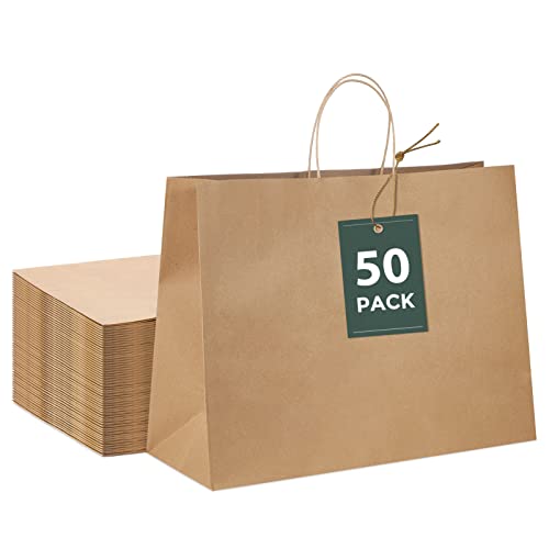 GSSUSA 16x6x12 Large Brown Paper Bags with Handles 50Pcs, Kraft Paper Gift Bags Bulk Bags for Small Business, Grocery & Retail, Boutique Shopping, Merchandise Packaging - Image 1