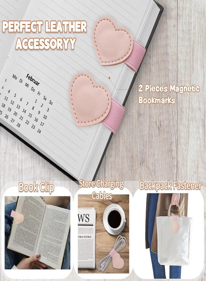 Winjeto Magnetic Leather Heart Bookmarks with Pen Holder - Winjeto 2 Pieces Cute Book Marks for Reading Women Kids Accessories, Book Lovers Gifts for Friends Teacher School Office Supplies with Gift Box, Pink - Image 4