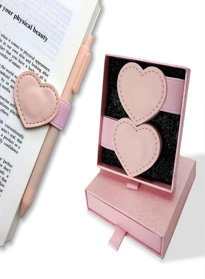 Winjeto Magnetic Leather Heart Bookmarks with Pen Holder - Winjeto 2 Pieces Cute Book Marks for Reading Women Kids Accessories, Book Lovers Gifts for Friends Teacher School Office Supplies with Gift Box, Pink - Image 1