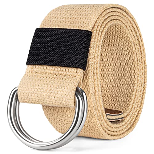 maikun Canvas Web Belt Silver Double D-ring Buckle 1 1/2 Inch Wide, Cloth Khaki Mens Belt, Length 130cm - Image 1