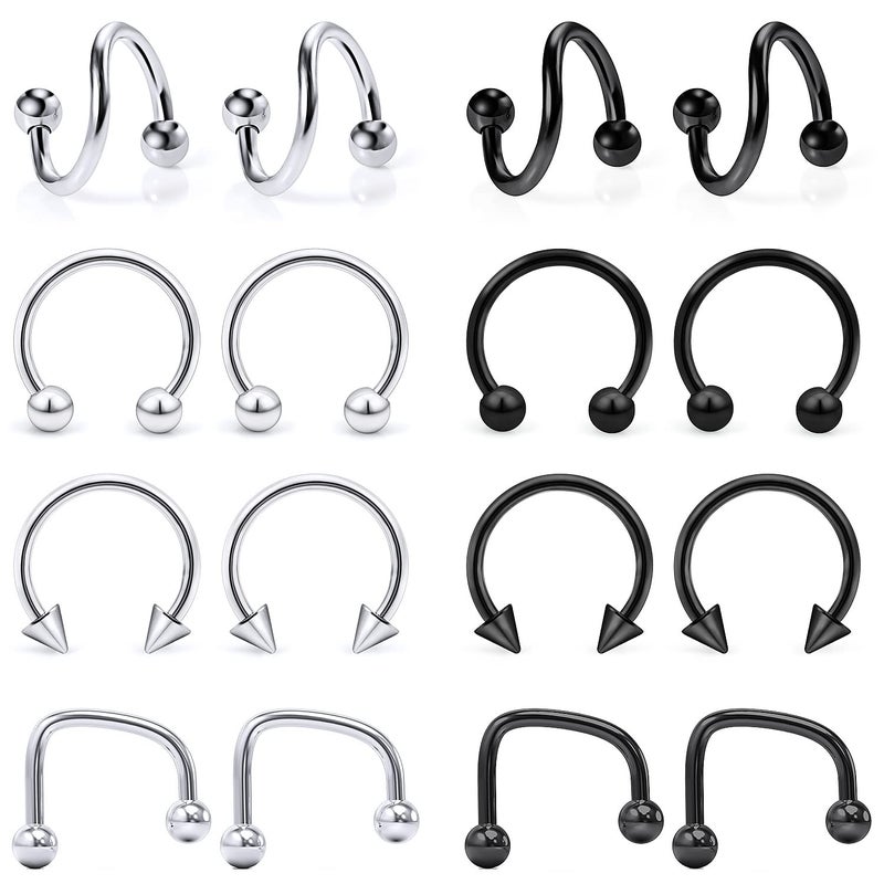Hoeudjo 16g Lip Rings Stainless Steel Snake Bite Piercing Jewelry Labret Jewelry Medusa Piercing Jewelry Spiral Barbell Helix Tragus Earrings Hoop Horseshoe Septum Ring Cartilage Piercings 8mm - Image 1