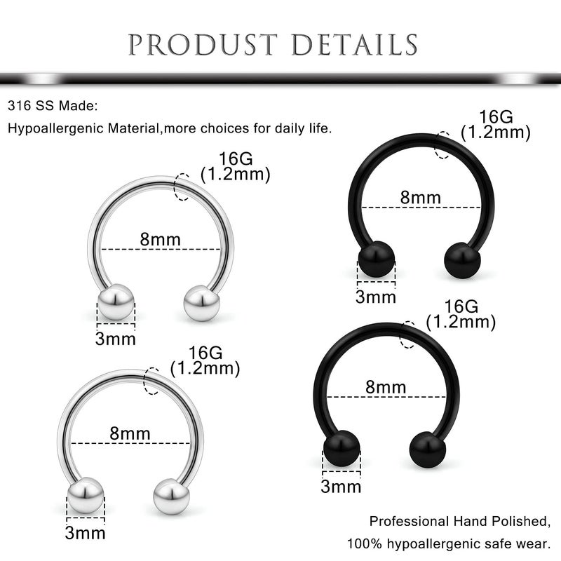 Hoeudjo 16g Lip Rings Stainless Steel Snake Bite Piercing Jewelry Labret Jewelry Medusa Piercing Jewelry Spiral Barbell Helix Tragus Earrings Hoop Horseshoe Septum Ring Cartilage Piercings 8mm - Image 2