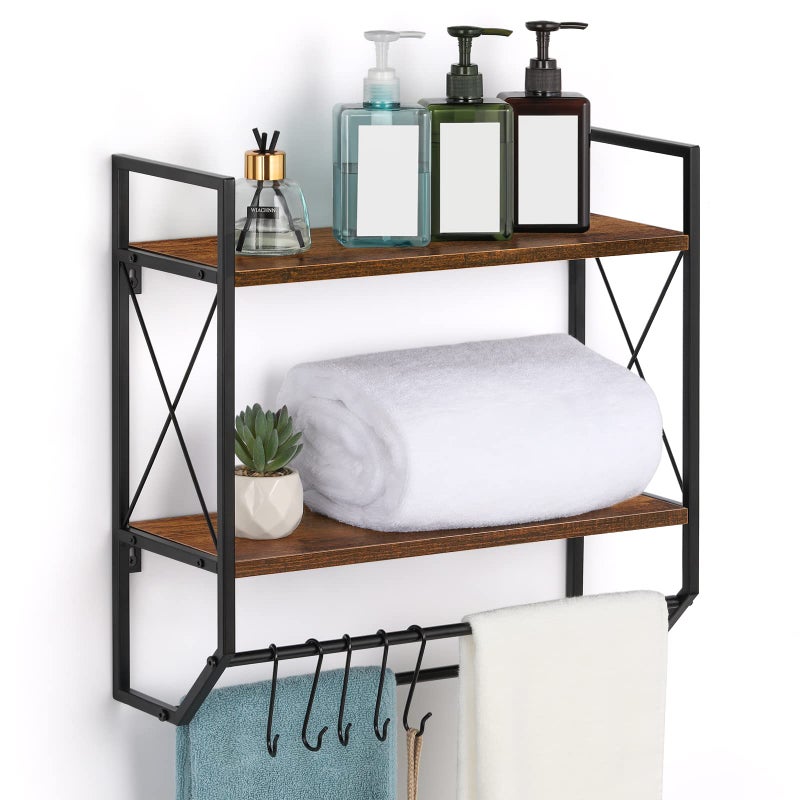 CADUKE Bathroom Towel Rack 2 Tier Wall Shelf with Towel Bar, Rustic Towel Rack with Shelf for Wall Storage Shelves with Hooks Over Toilet Shelf Wall Mounted Towel Holder Shelf Floating Shelves for Home Brown - Image 1