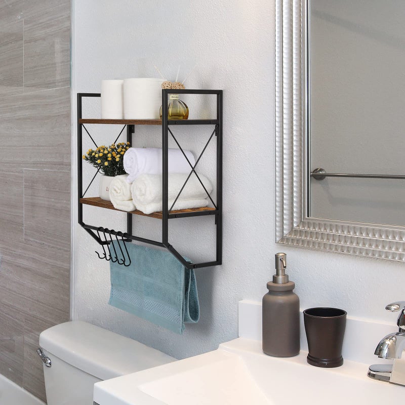 CADUKE Bathroom Towel Rack 2 Tier Wall Shelf with Towel Bar, Rustic Towel Rack with Shelf for Wall Storage Shelves with Hooks Over Toilet Shelf Wall Mounted Towel Holder Shelf Floating Shelves for Home Brown - Image 3