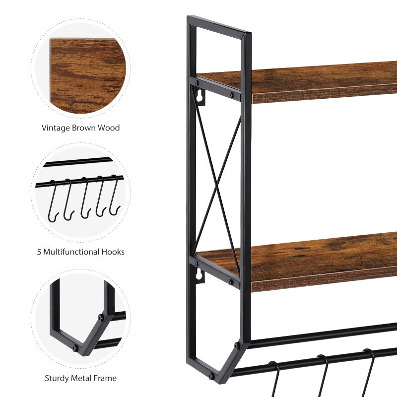 CADUKE Bathroom Towel Rack 2 Tier Wall Shelf with Towel Bar, Rustic Towel Rack with Shelf for Wall Storage Shelves with Hooks Over Toilet Shelf Wall Mounted Towel Holder Shelf Floating Shelves for Home Brown - Image 2