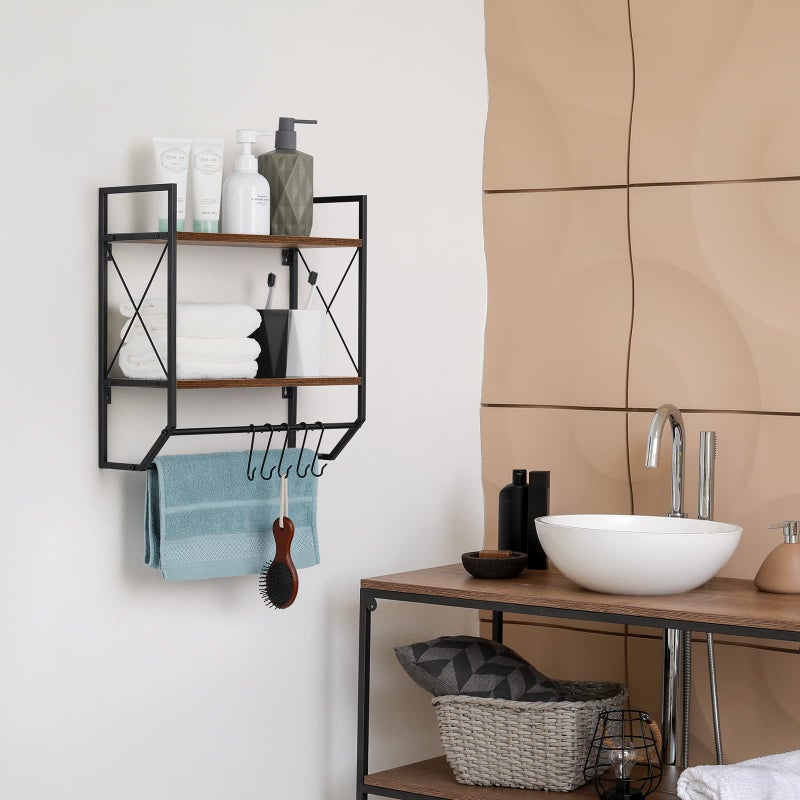 CADUKE Bathroom Towel Rack 2 Tier Wall Shelf with Towel Bar, Rustic Towel Rack with Shelf for Wall Storage Shelves with Hooks Over Toilet Shelf Wall Mounted Towel Holder Shelf Floating Shelves for Home Brown - Image 5