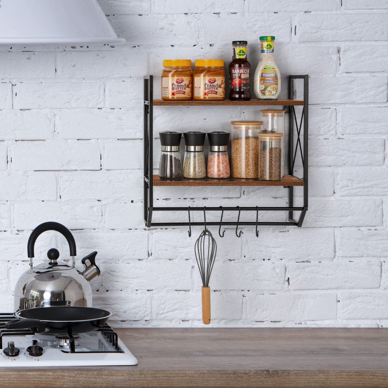 CADUKE Bathroom Towel Rack 2 Tier Wall Shelf with Towel Bar, Rustic Towel Rack with Shelf for Wall Storage Shelves with Hooks Over Toilet Shelf Wall Mounted Towel Holder Shelf Floating Shelves for Home Brown - Image 4