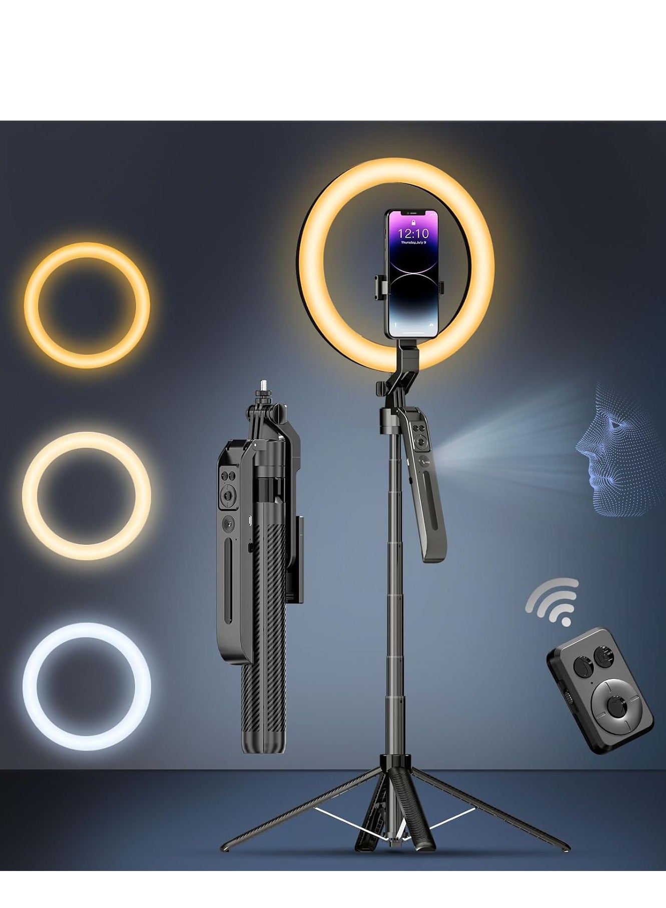 Auto Face-Tracking Selfie Stick Tripod with 10” Ring Light, 360° Rotation, 71” Extendable Stand, Wireless Remote, Adjustable Brightness & Phone Holder Perfect for Vlogging, TikTok, YouTube, Makeup & Live Streaming