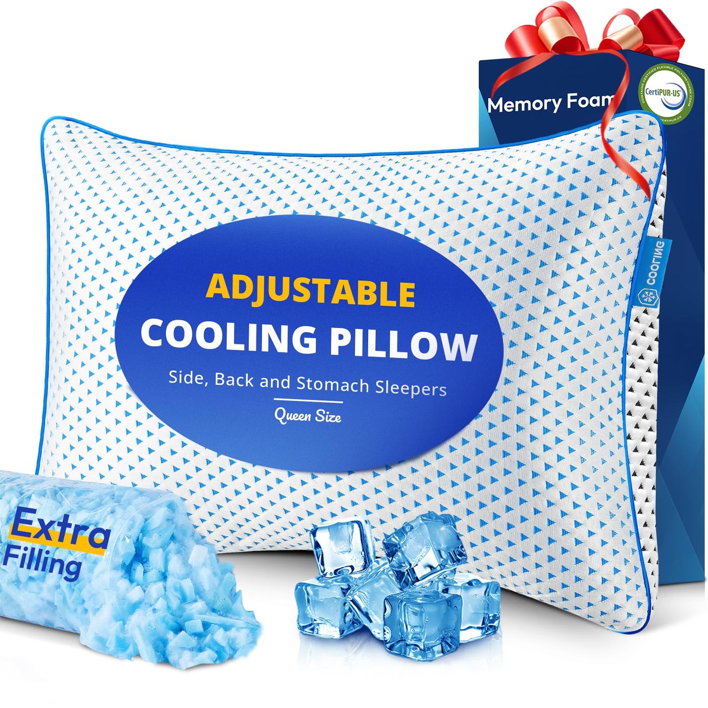 Adjustable Cooling Gel Memory Foam Pillows Queen Size for Sleeping 1 Pack,Thick Firm Bamboo Rayon Shredded Bed Pillow for Side,Back,Stomach Sleepers Washable Breathable Pillowcase,Gifts College Dorm