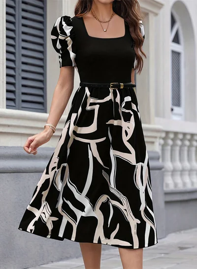 Take Two Printed Puff Sleeve Belted Knee-Length Dress