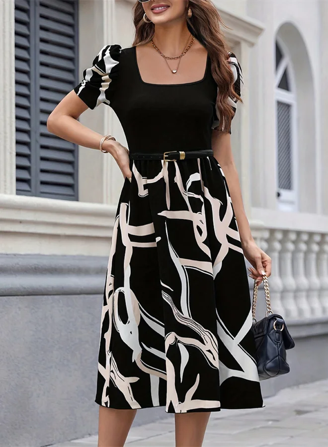 تايك تو Take Two Printed Puff Sleeve Belted Knee-Length Dress