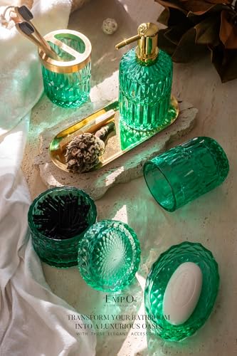 EMPO 6PCS Bathroom Clear Glass Accessories Set (Lotion Soap Dispenser, Soap Dish, Toothbrush Holder, Tumbler, Cotton Swab Jar), Contemporary Modern Decor Crystal Vintage Gift (6pcs Vintage Jade) - Image 2