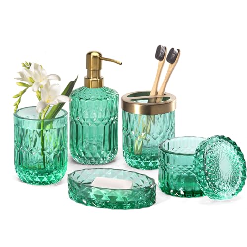 EMPO 6PCS Bathroom Clear Glass Accessories Set (Lotion Soap Dispenser, Soap Dish, Toothbrush Holder, Tumbler, Cotton Swab Jar), Contemporary Modern Decor Crystal Vintage Gift (6pcs Vintage Jade) - Image 1