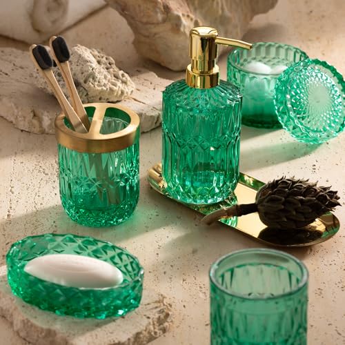EMPO 6PCS Bathroom Clear Glass Accessories Set (Lotion Soap Dispenser, Soap Dish, Toothbrush Holder, Tumbler, Cotton Swab Jar), Contemporary Modern Decor Crystal Vintage Gift (6pcs Vintage Jade) - Image 3