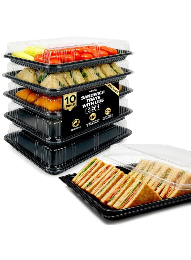 ebake Pack of 10 Sandwich Platter Trays with Lids - Reusable Plastic Buffet Trays for Catering, Sandwich Trays & Meal Prep Serving Trays for Parties, Events and Birthdays - 34 x 24 x 7.5cm - Image 1