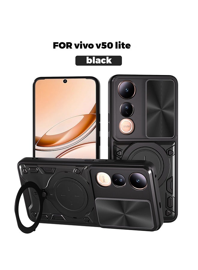 Case For Vivo V50 Lite with Slide Camera Cover and Stand Kickstand Magnetic Ring, High Quality Shockproof Protective Cover, Anti-Fall Drop Protection, Shockproof Case, Black - Image 1