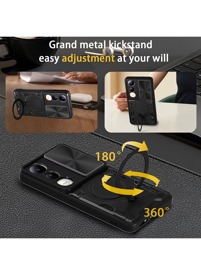 Case For Vivo V50 Lite with Slide Camera Cover and Stand Kickstand Magnetic Ring, High Quality Shockproof Protective Cover, Anti-Fall Drop Protection, Shockproof Case, Black - Image 4