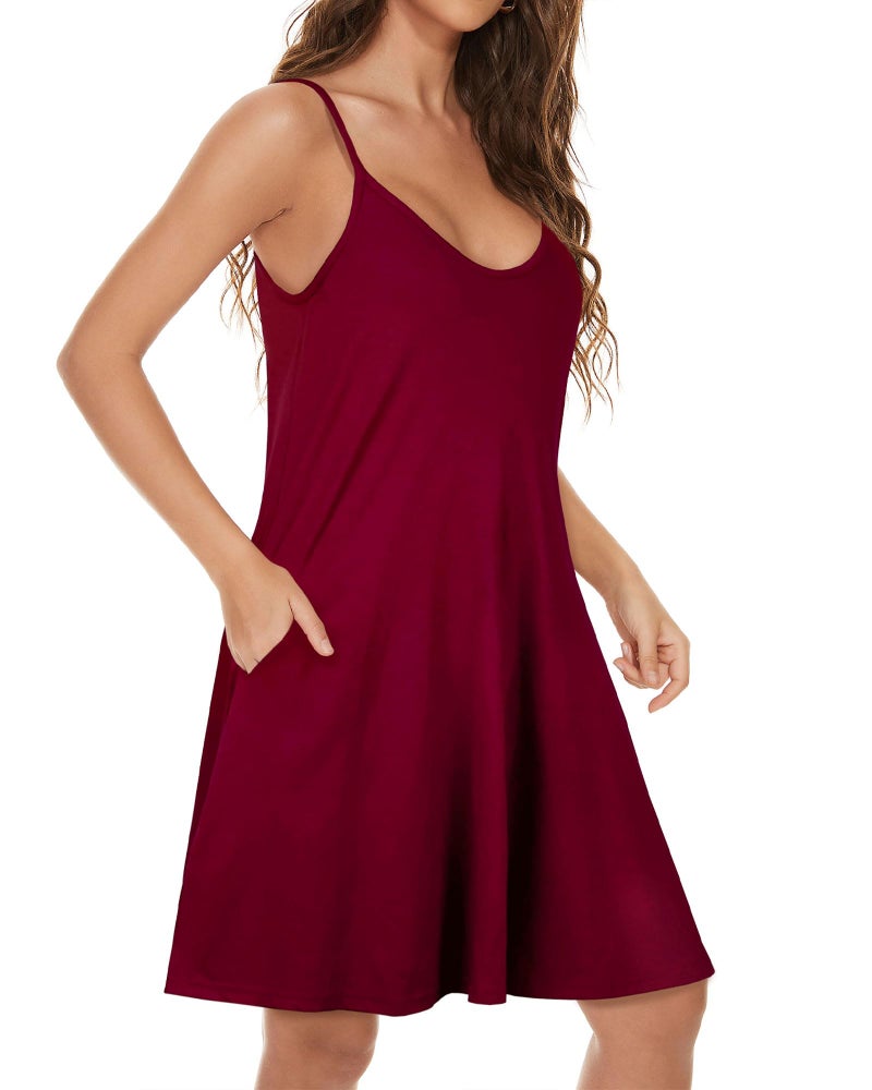 JOELLYUS Sundresses for Women Spaghetti Strap Sundress Beach Dresses Solid Color Dress with Pockets (WR,L) - Image 3