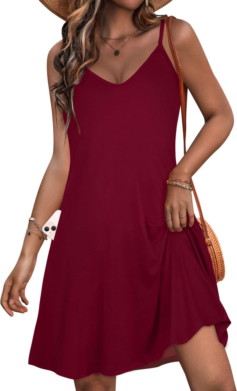 JOELLYUS Sundresses for Women Spaghetti Strap Sundress Beach Dresses Solid Color Dress with Pockets (WR,L) - Image 1