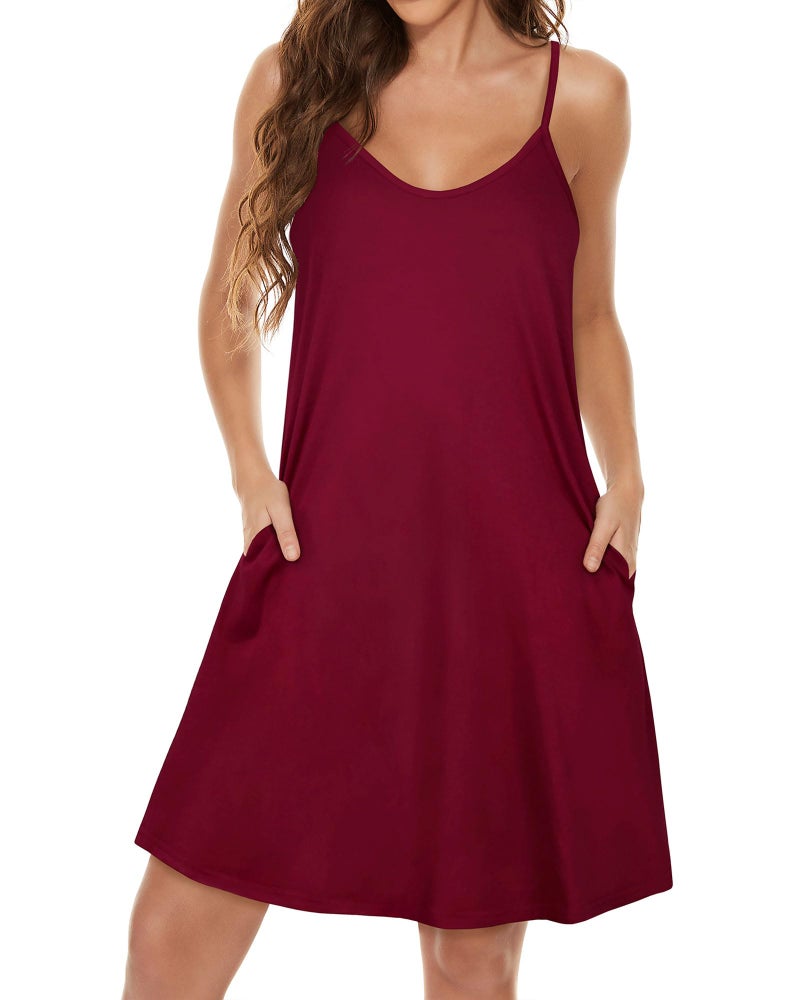 JOELLYUS Sundresses for Women Spaghetti Strap Sundress Beach Dresses Solid Color Dress with Pockets (WR,L) - Image 2