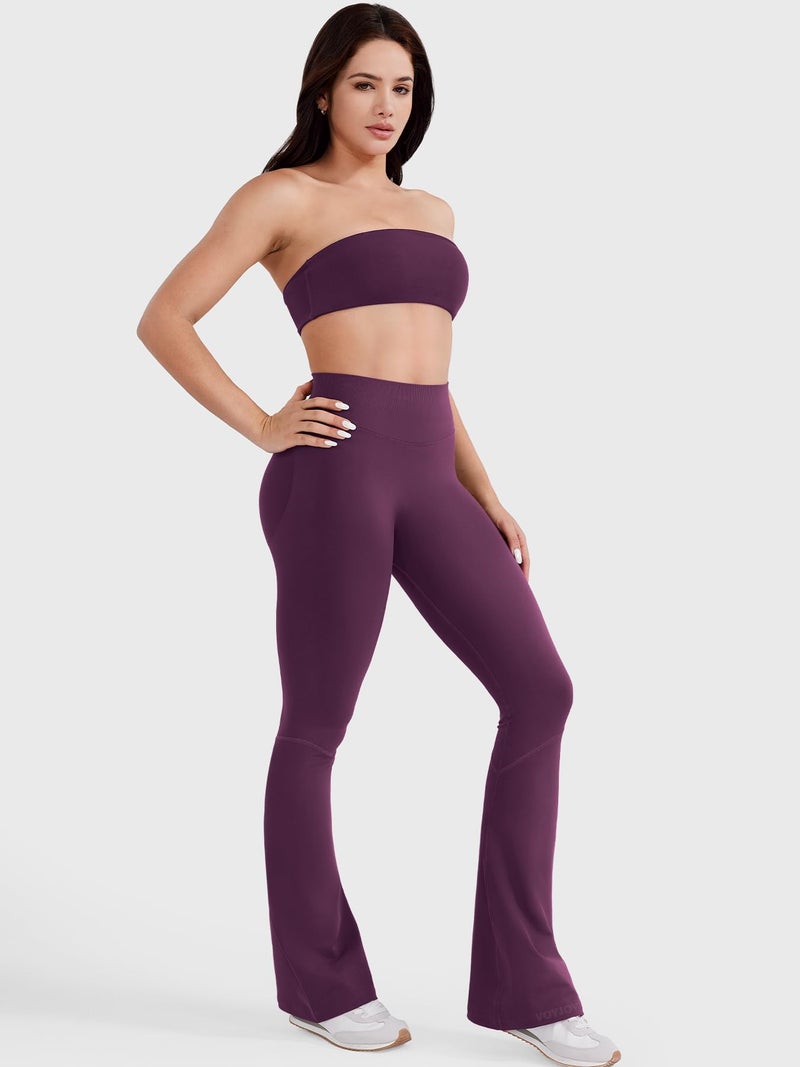 VOYJOY Women Mini Flared Leggings Hidden Scrunch Gym Pants Impact Seamless Workout Butt Lift Compression Flare Bootcut Black Cherry M - Image 5