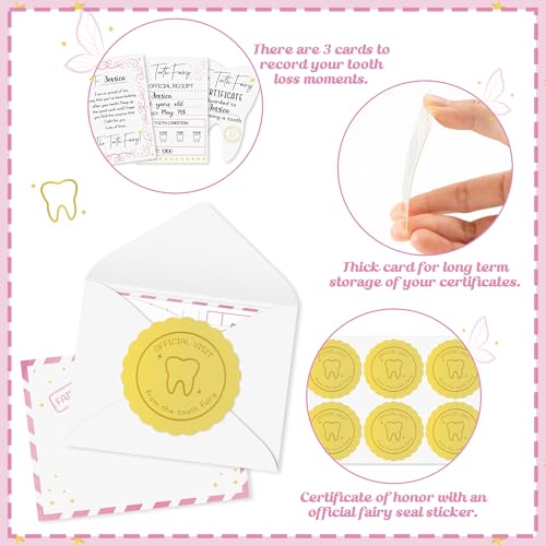 Qimgic Mini Tooth Receipt Set - 20 Set Pink Tooth Cards with Envelope and Fairy Letter for Kids, Lost Teeth Certificate Keepsake Postmark Gift Bag with Seal Stickers for Girls Boys Home School Award - Image 3