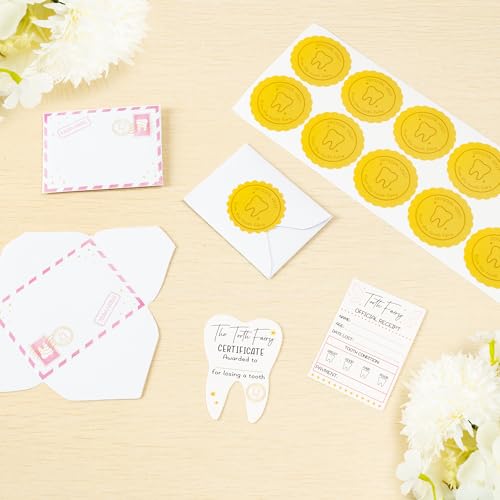 Qimgic Mini Tooth Receipt Set - 20 Set Pink Tooth Cards with Envelope and Fairy Letter for Kids, Lost Teeth Certificate Keepsake Postmark Gift Bag with Seal Stickers for Girls Boys Home School Award - Image 4