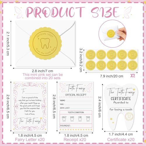 Qimgic Mini Tooth Receipt Set - 20 Set Pink Tooth Cards with Envelope and Fairy Letter for Kids, Lost Teeth Certificate Keepsake Postmark Gift Bag with Seal Stickers for Girls Boys Home School Award - Image 2