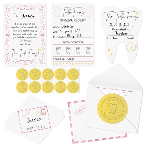 Qimgic Mini Tooth Receipt Set - 20 Set Pink Tooth Cards with Envelope and Fairy Letter for Kids, Lost Teeth Certificate Keepsake Postmark Gift Bag with Seal Stickers for Girls Boys Home School Award - Image 1