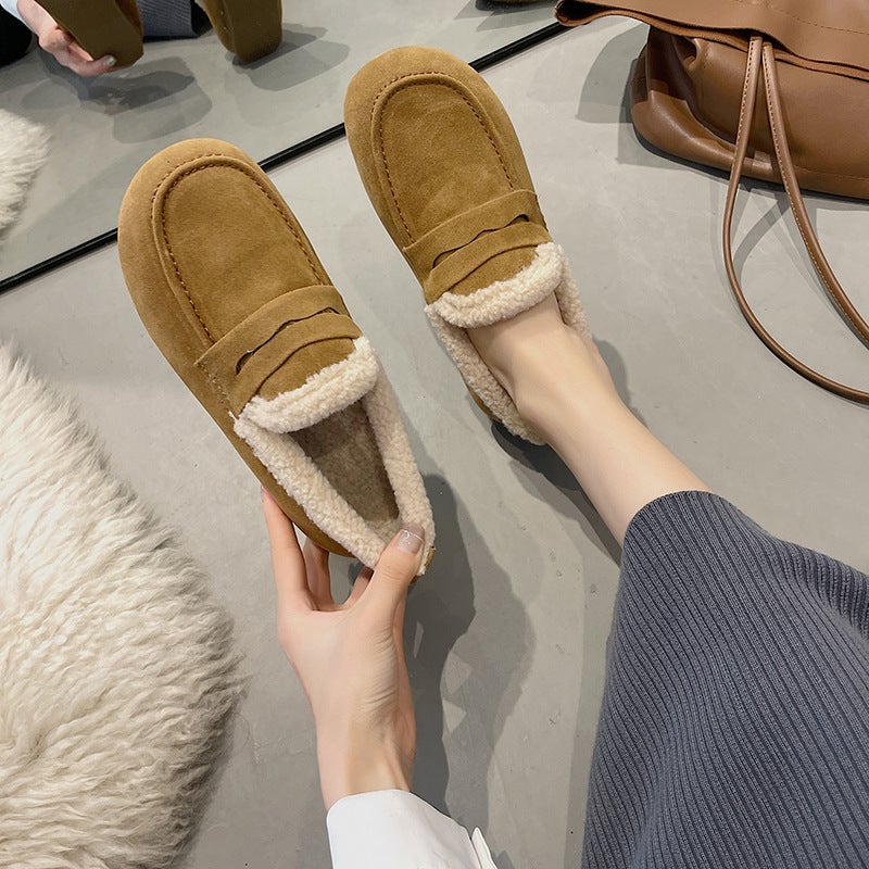 Yuezi Bean Shoes Womens Winter Fleece-lined Slip-on Womens Shoes Shallow Mouth Lamb Wool Thick-soled Woolly Shoes Cotton Cousin Extrasize Yellow suede 