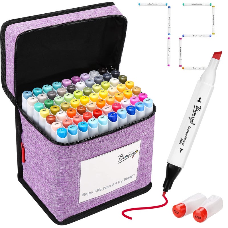 Bianyo 72 Colors Alcohol Markers Set, Dual Tip Fine & Chisel Art Markers with Purple Carry Case for Adult Coloring Books, Sketching, Blending & Drawing, Great for Artists, Beginners & Holiday Gifts - Image 1