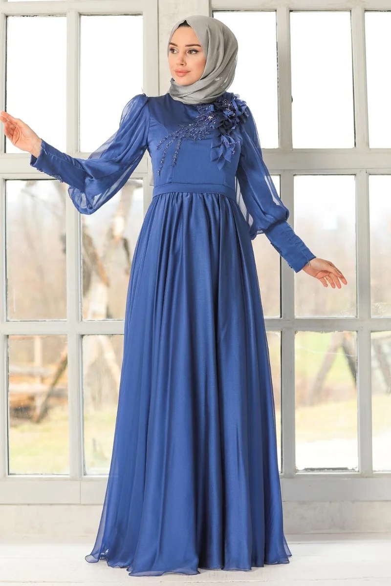 Neva Style Hijab Evening Dress - Flower Detailed Saks Hijab Evening Dress 21960SX