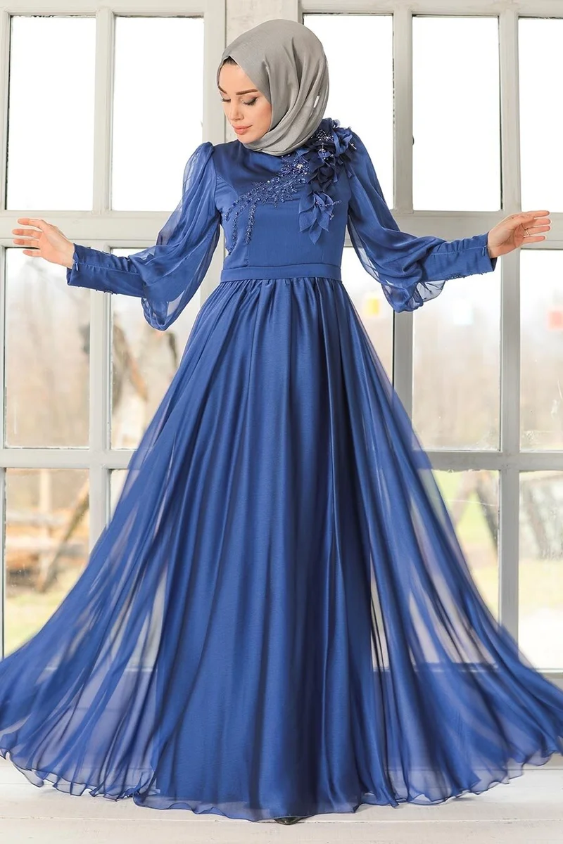 Neva Style Hijab Evening Dress - Flower Detailed Saks Hijab Evening Dress 21960SX