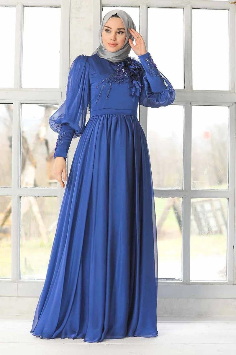 Neva Style Hijab Evening Dress - Flower Detailed Saks Hijab Evening Dress 21960SX