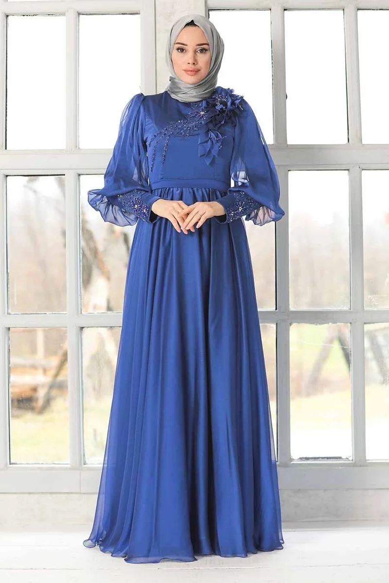 Neva Style Hijab Evening Dress - Flower Detailed Saks Hijab Evening Dress 21960SX