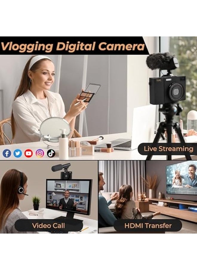 كاميرا رقمية، 5K 64MP، تركيز تلقائي، كاميرتان ذاتيتان للتصوير الشخصي/الفيديو، تقريب رقمي 18x، شاشة 3 بوصة، بطاقة ذاكرة 32 جيجابايت، كاميرا رقمية مدمجة للمبتدئين، المراهقين، البالغين