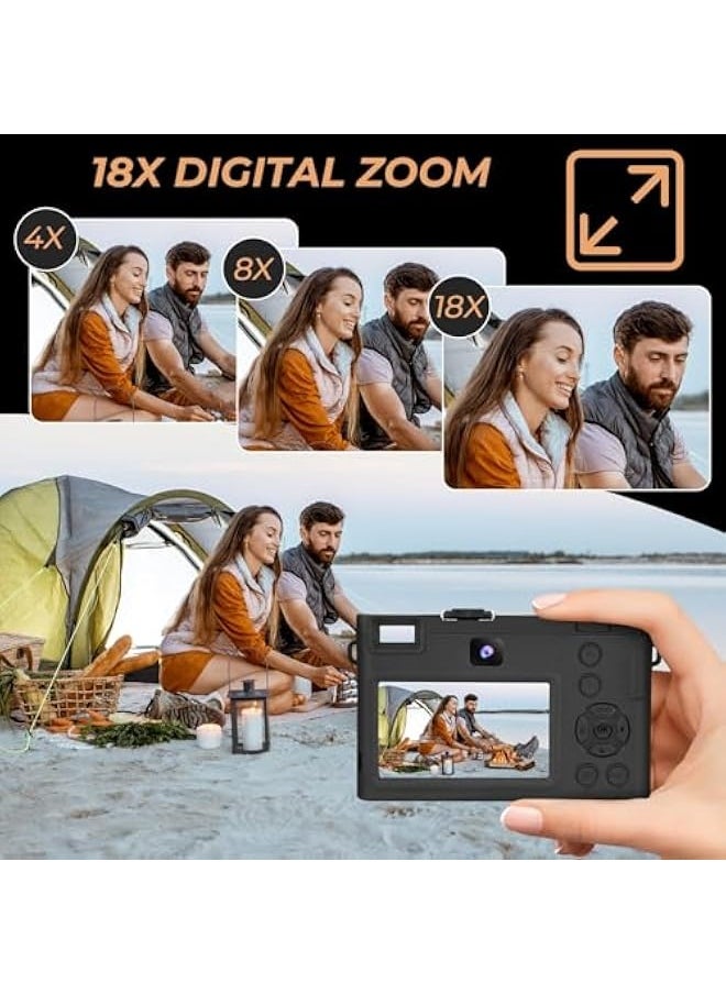 فولينيكس كاميرا رقمية، 5K 64MP، تركيز تلقائي، كاميرتان ذاتيتان للتصوير الشخصي/الفيديو، تقريب رقمي 18x، شاشة 3 بوصة، بطاقة ذاكرة 32 جيجابايت، كاميرا رقمية مدمجة للمبتدئين، المراهقين، البالغين  - Image 4