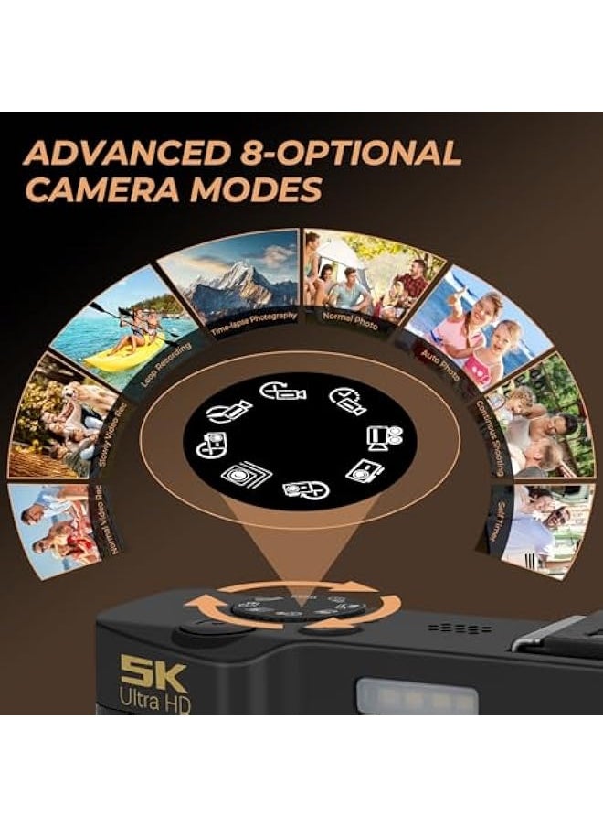 كاميرا رقمية، 5K 64MP، تركيز تلقائي، كاميرتان ذاتيتان للتصوير الشخصي/الفيديو، تقريب رقمي 18x، شاشة 3 بوصة، بطاقة ذاكرة 32 جيجابايت، كاميرا رقمية مدمجة للمبتدئين، المراهقين، البالغين