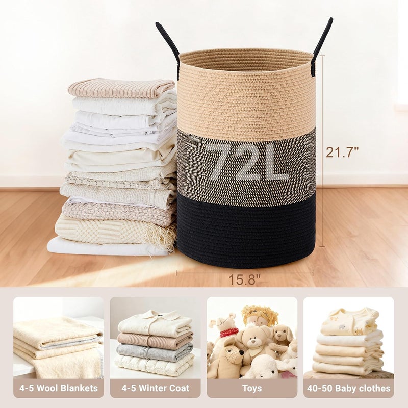 SunNewt Tall Laundry Basket with Handles, 72L Portable Dirty Clothes Hamper, Boho Cotton Rope Storage Bin for Blankets Kids Toys Gifts, Large Organizer for Baby Nursery Bedroom Bathroom, Brown & Black - Image 2