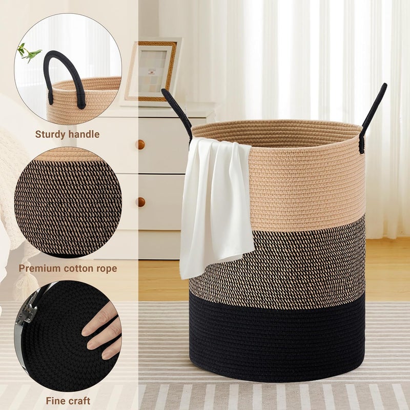 SunNewt Tall Laundry Basket with Handles, 72L Portable Dirty Clothes Hamper, Boho Cotton Rope Storage Bin for Blankets Kids Toys Gifts, Large Organizer for Baby Nursery Bedroom Bathroom, Brown & Black - Image 3