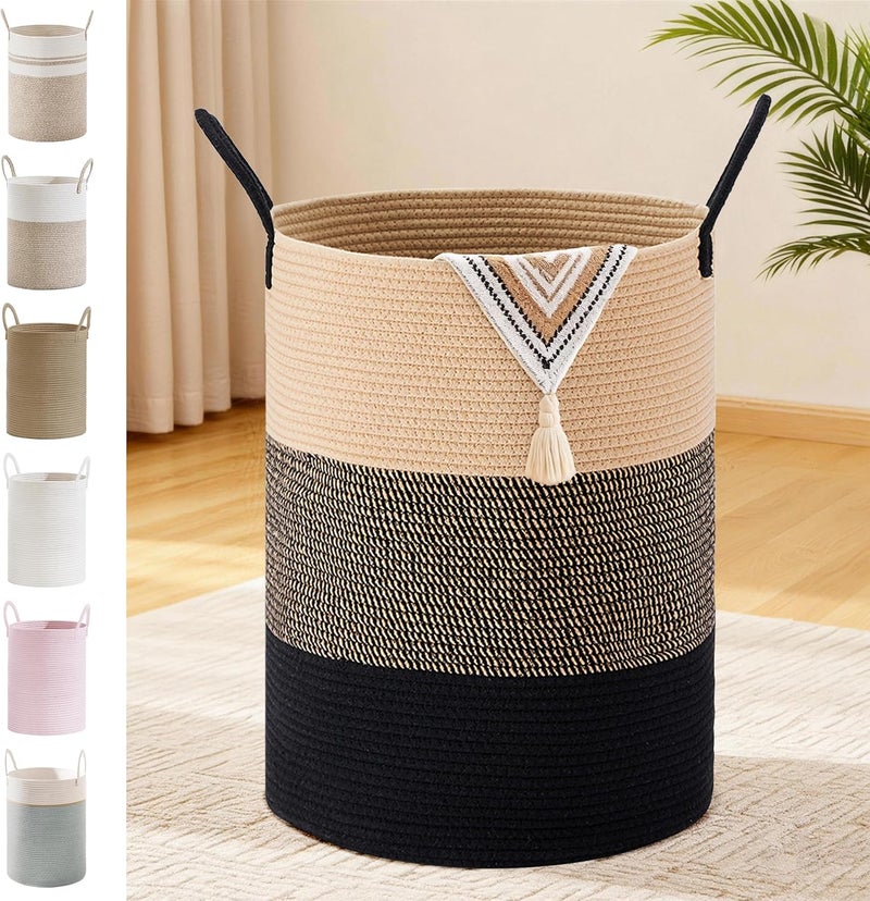 SunNewt Tall Laundry Basket with Handles, 72L Portable Dirty Clothes Hamper, Boho Cotton Rope Storage Bin for Blankets Kids Toys Gifts, Large Organizer for Baby Nursery Bedroom Bathroom, Brown & Black - Image 1