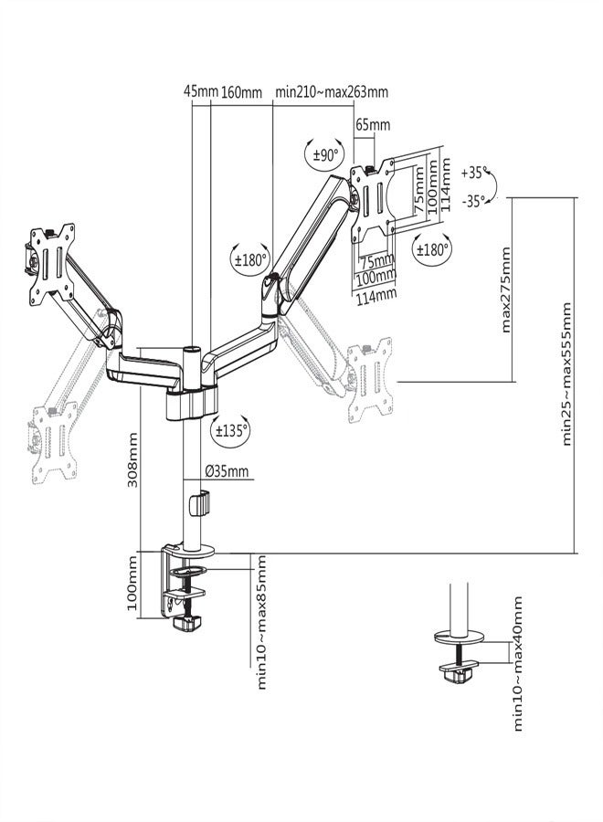 Skill Tech SH48 C024 Dual Monitor Pole-Mounted Gas Spring Monitor Arm for 17"-32" Screens, VESA 100x100, 9kg Load Capacity – Black - Image 3