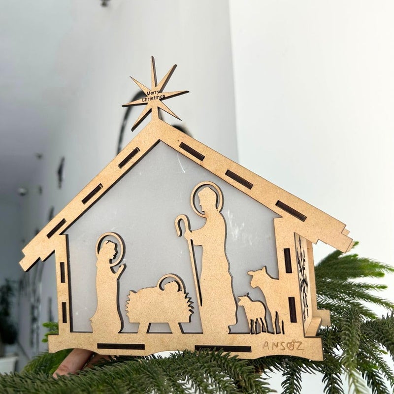 Ansoz Christmas Crib House Wooden Craft Kit – DIY Kudil Set with Nativity Scene – Big Size Crib Set for Christmas Decoration – 20 x 15 x 10 cm - Image 2