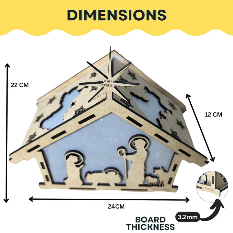 Ansoz Christmas Crib House Wooden Craft Kit – DIY Kudil Set with Nativity Scene – Big Size Crib Set for Christmas Decoration – 20 x 15 x 10 cm - Image 3