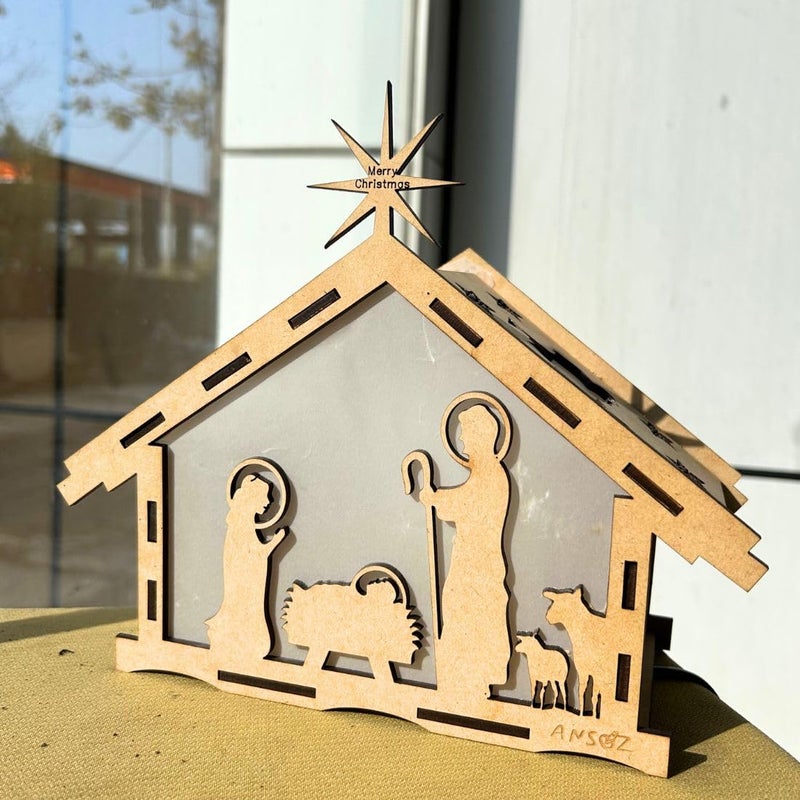 Ansoz Christmas Crib House Wooden Craft Kit – DIY Kudil Set with Nativity Scene – Big Size Crib Set for Christmas Decoration – 20 x 15 x 10 cm - Image 1
