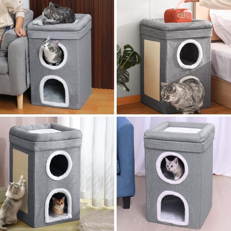 gluckluz Cat House 2-in-1 Large Kitten Cave Foldable Pet Bed with Balcony Cube Cat Scratching Pad Collapsible Kitty Hideaway Playground Sleeping Cot Condo Tunnel Baby Cat Stool Play Center(40*40*64cm) - Image 3